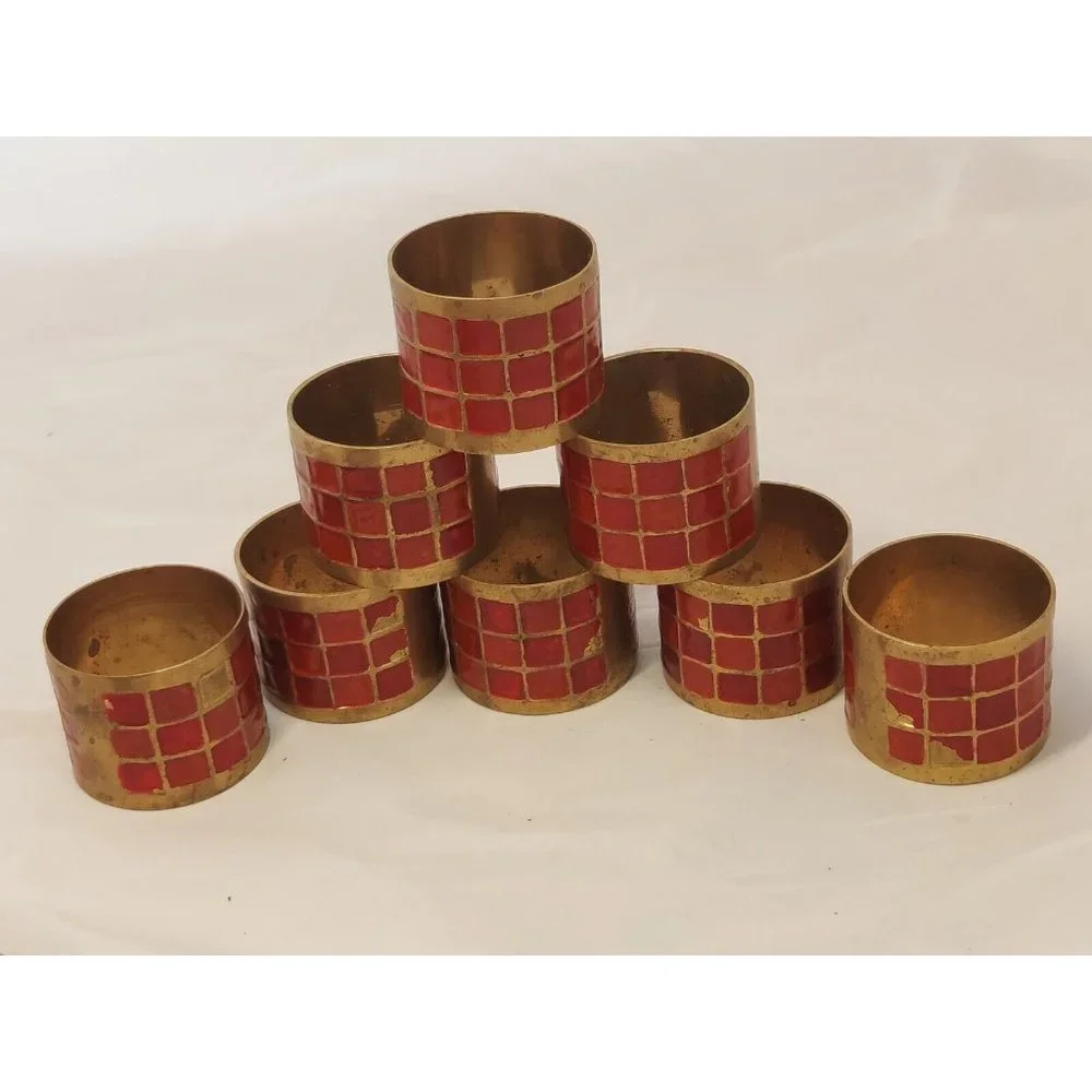 Pier 1 Vintage Brass with Red Enamel Napkin Rings Holder set of 8